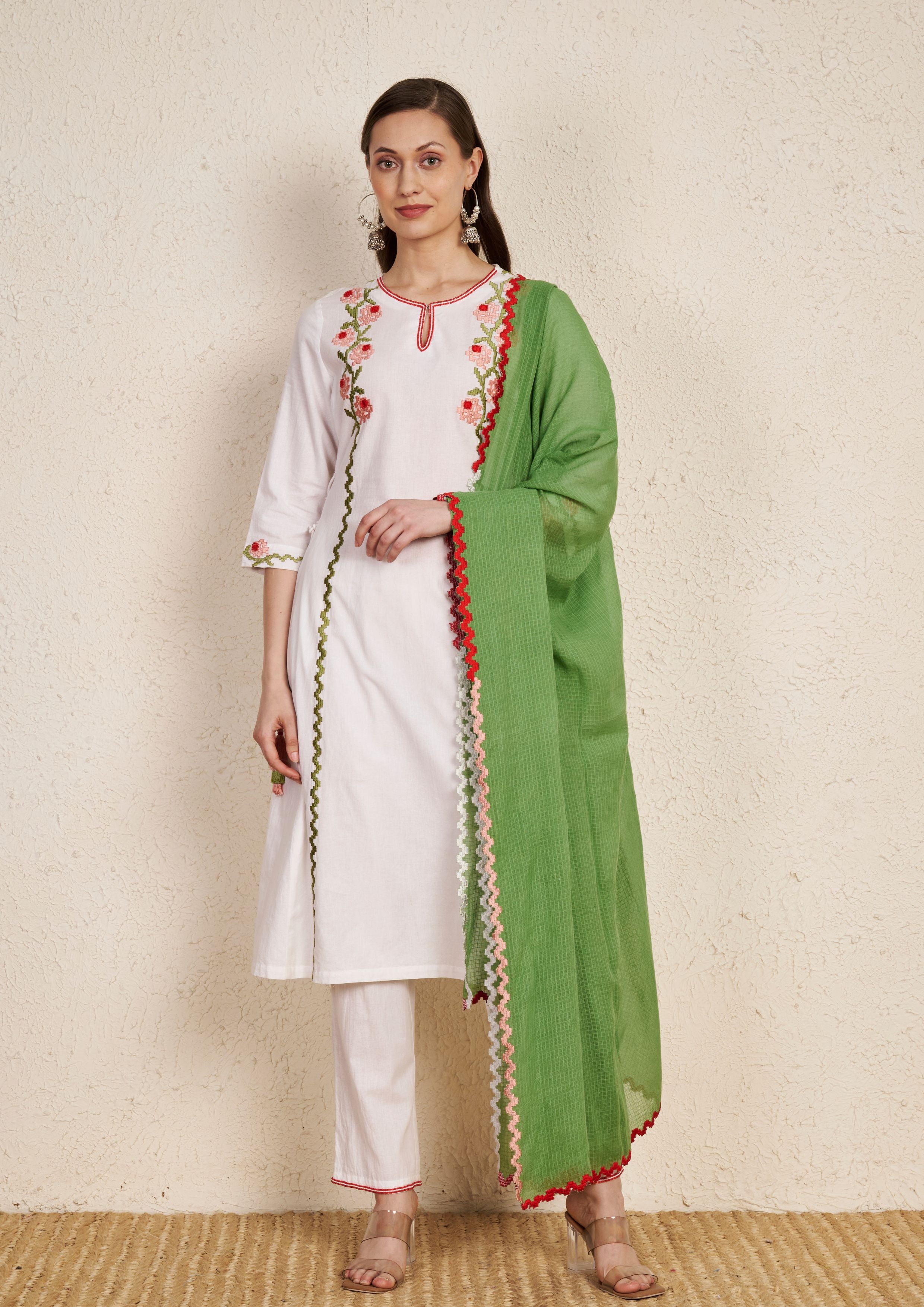 Ivory Floral Embroidered Kurta Set