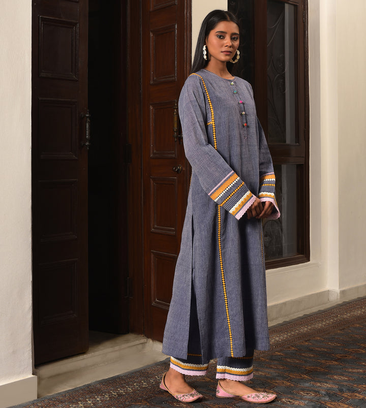 Raass Indigo Blue Embroidered Handwoven Cotton Kurta with Pant Set