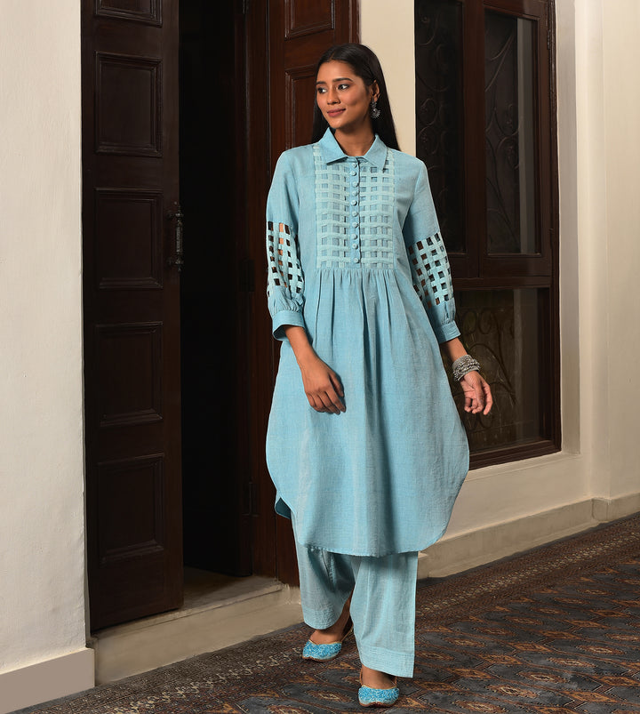 Raass Sky Blue Grid Pattern Handwoven Cotton Kurta and Salwar Set