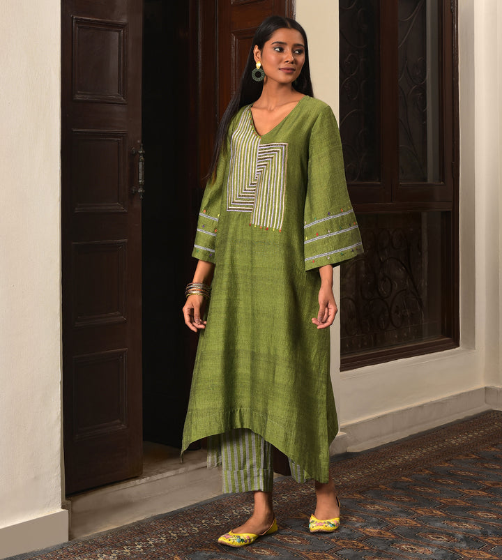Raass Olive Green Embellished Handwoven Cotton Kurta with Striped Pant Set