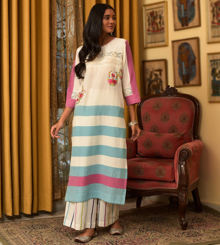 Raass Chic Striped Embroidered Handwoven Cotton Kurta with Pant Set