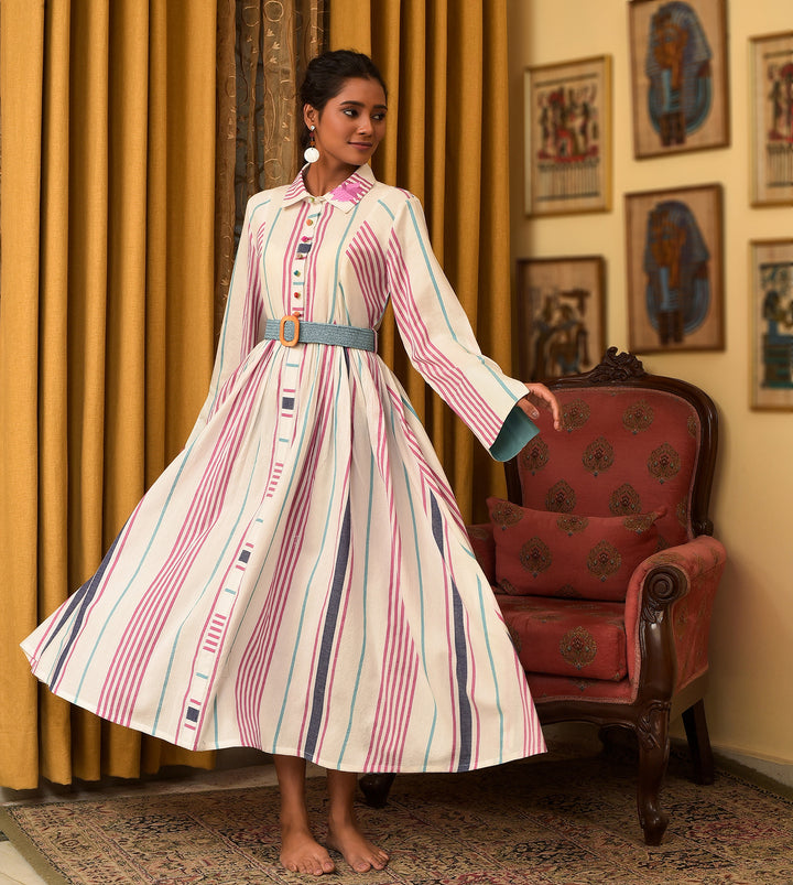 Raass Striped Harmony Handwoven Cotton A-Line Dress with Belt