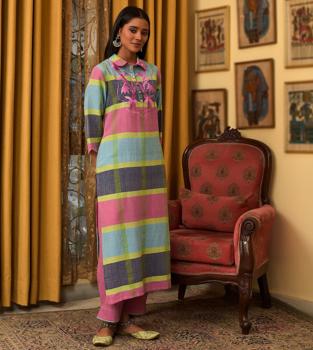 Raass Petal Crest Colorblock Handwoven Cotton Kurta with Pant Set