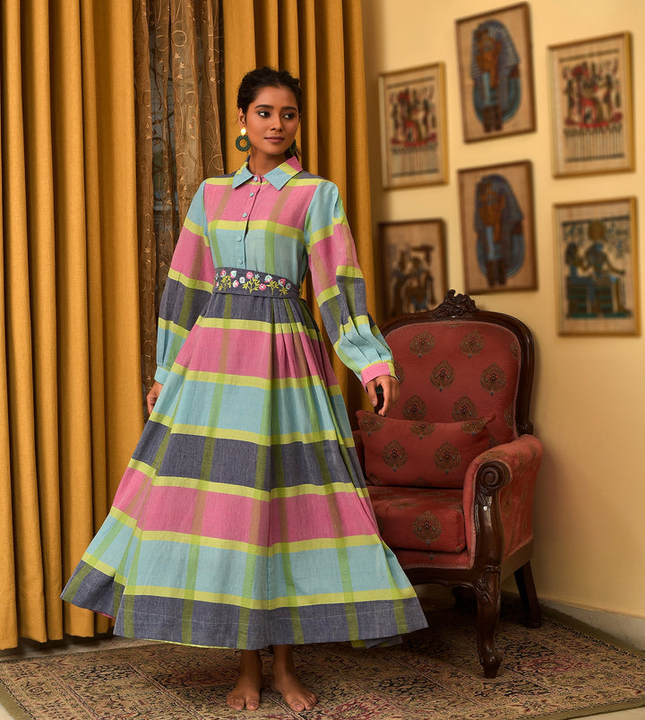 Raass Multicolor Handwoven Cotton A-Line Dress with Embroidered Belt