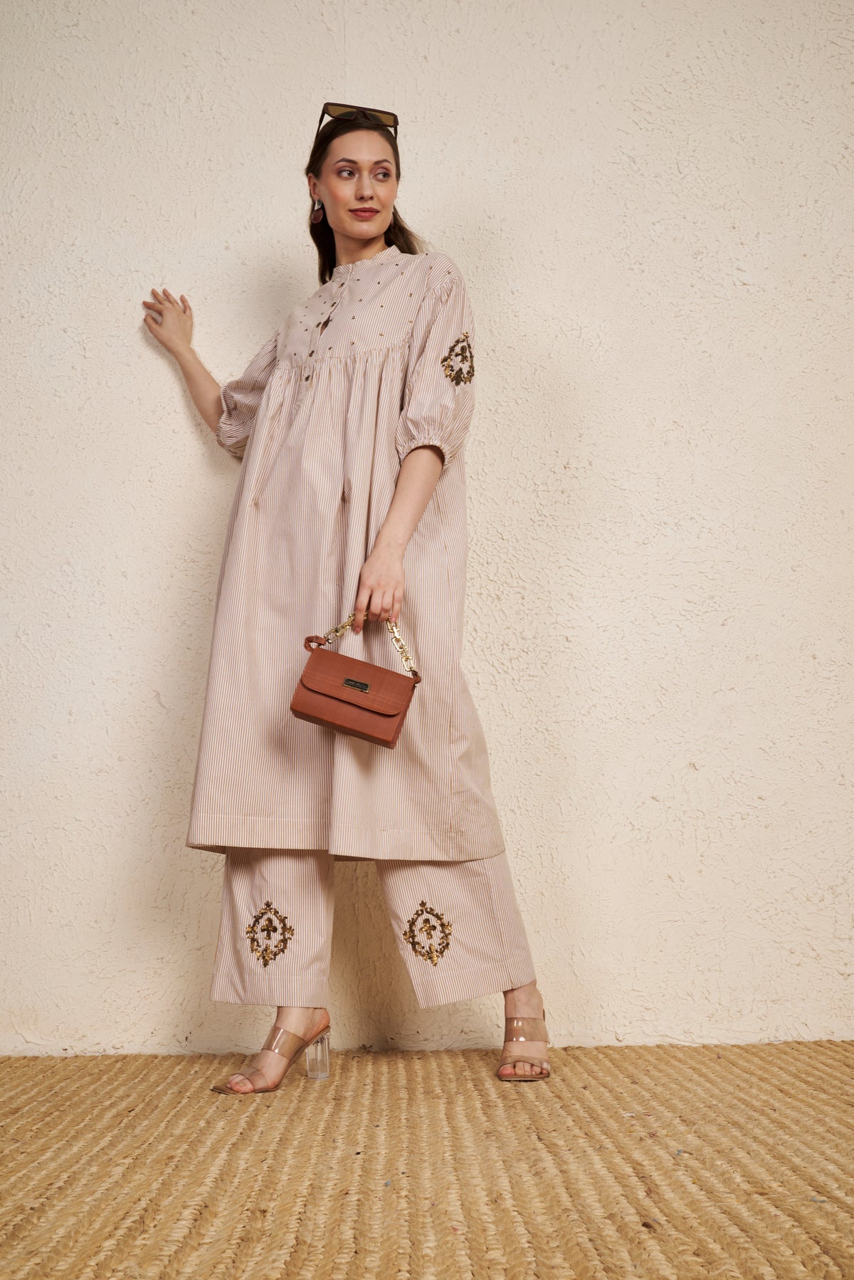Beige Latte Stripes Cotton Kurta Set