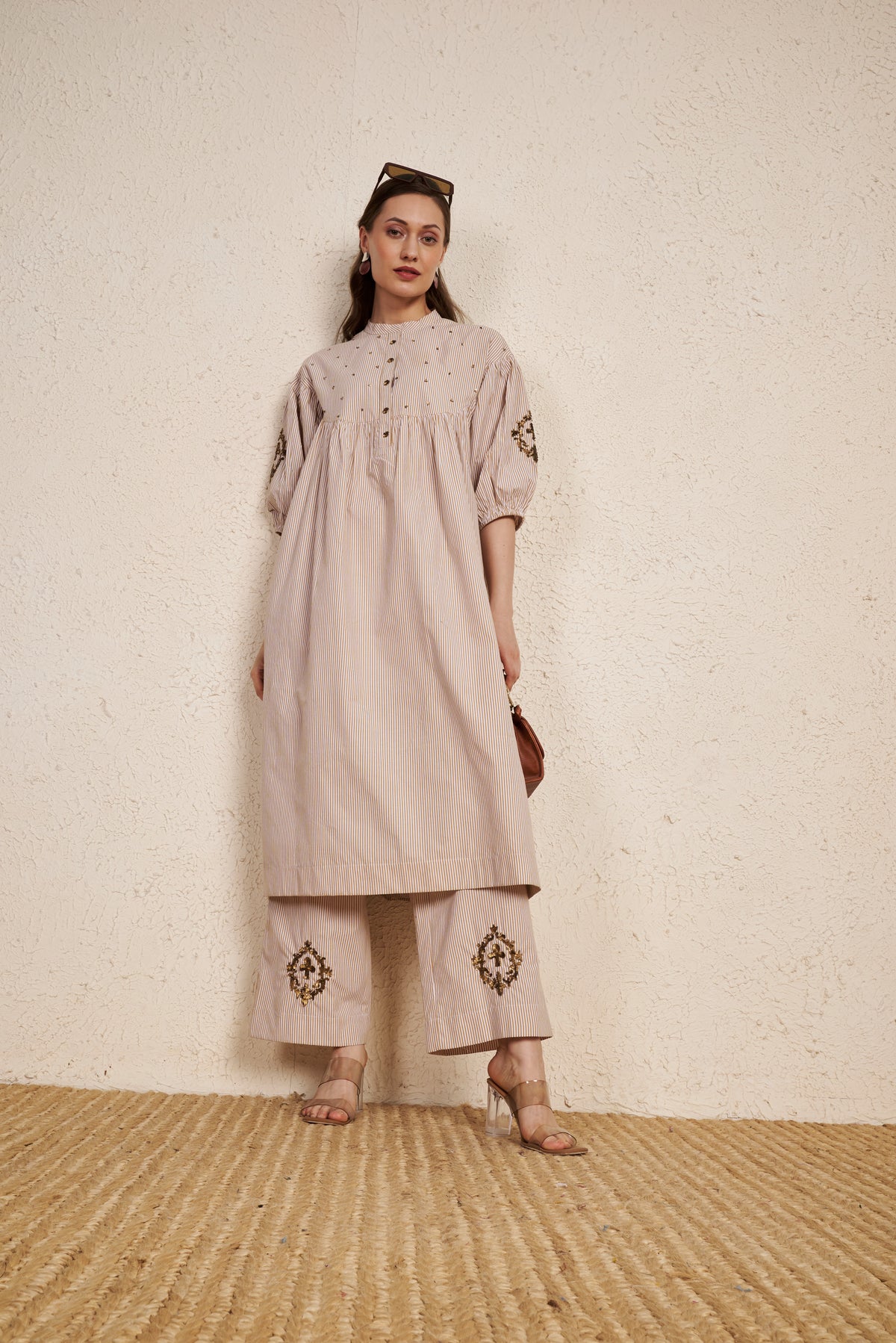 Beige Latte Stripes Cotton Kurta Set