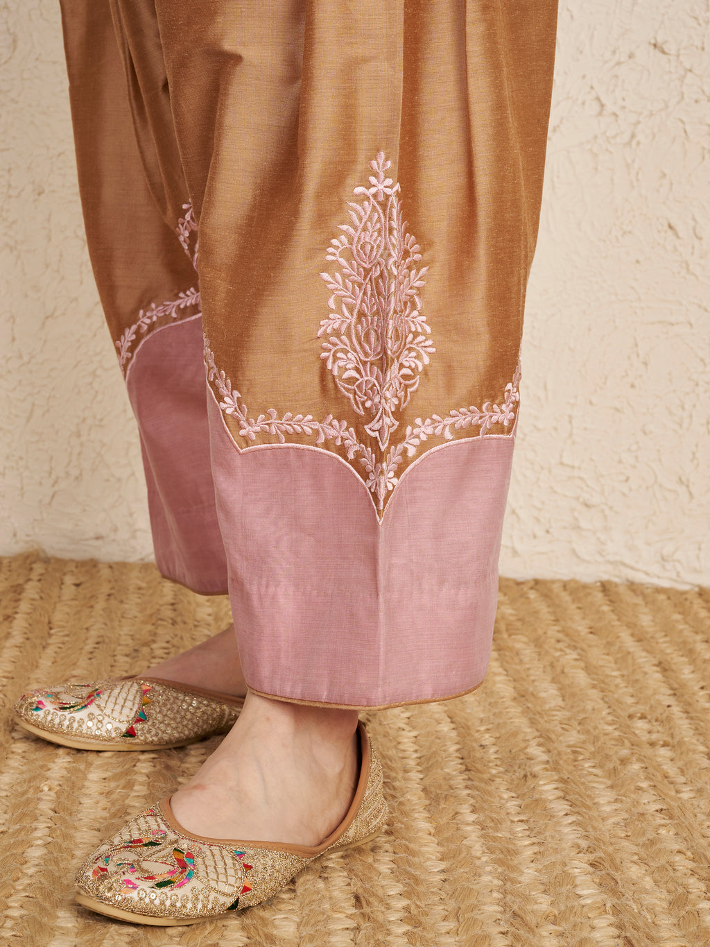 Beige Chanderi Hand Embroidered Kurta Set