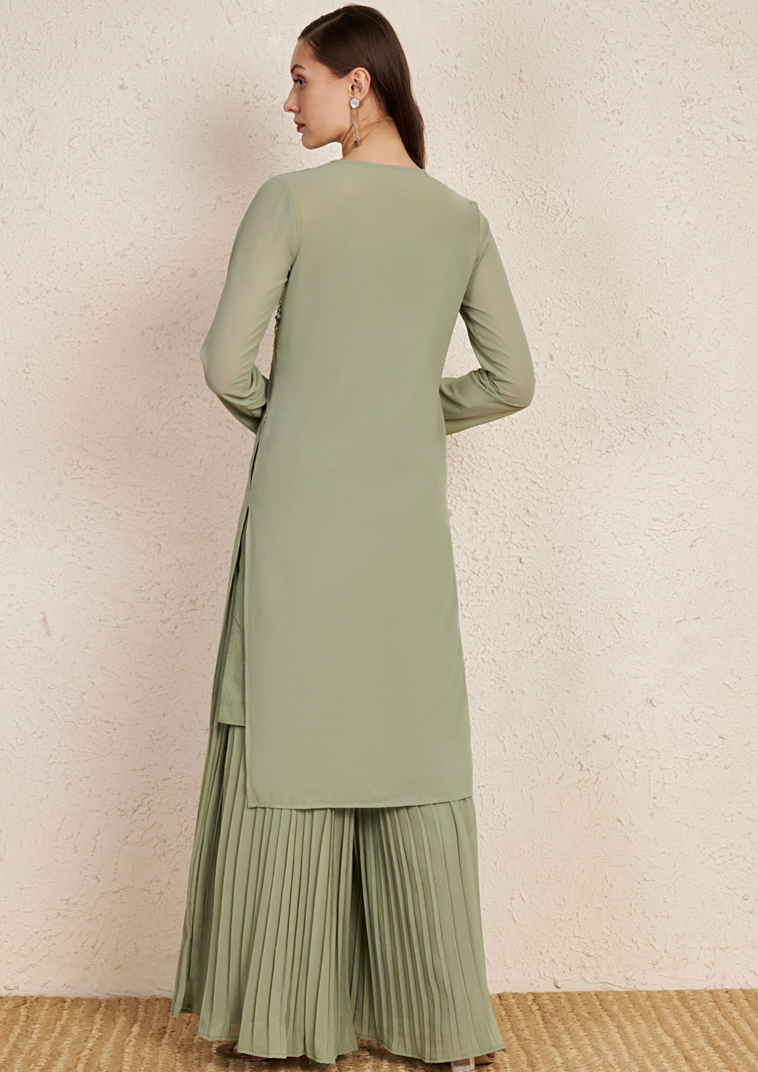 Pastel Sage Green Embroidered Kurta Set with Pleated Palazzo