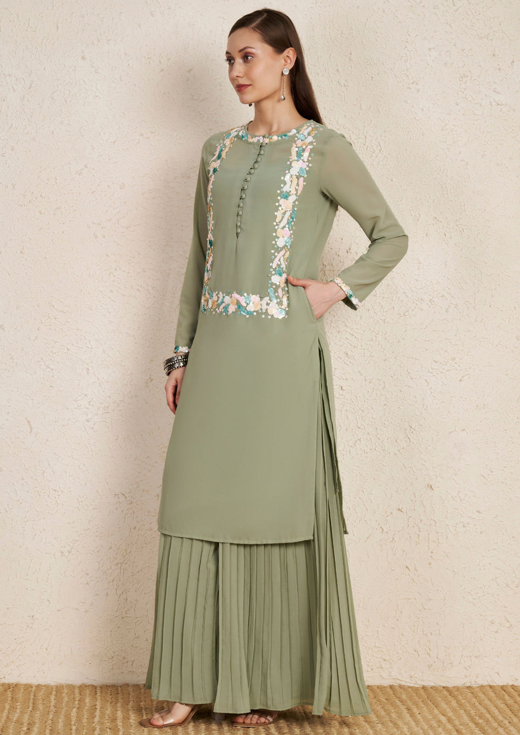 Pastel Sage Green Embroidered Kurta Set with Pleated Palazzo