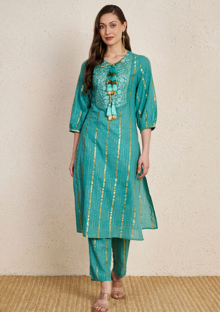 Teal Golden Stripes Silk Embroidered  Cotton Kurta Set