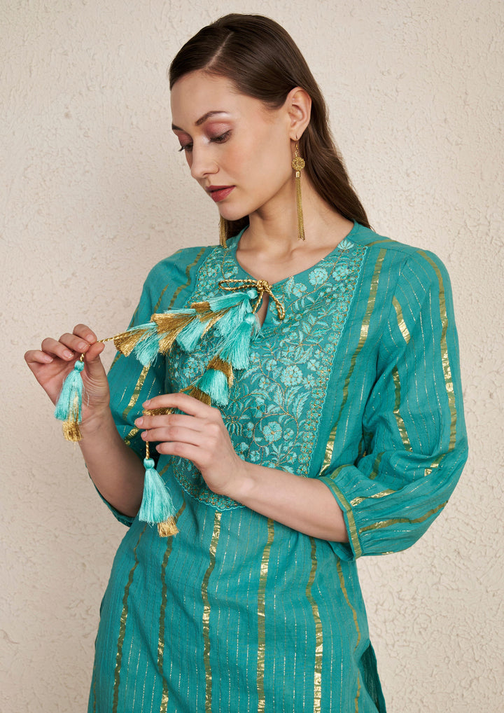 Teal Golden Stripes Silk Embroidered  Cotton Kurta Set
