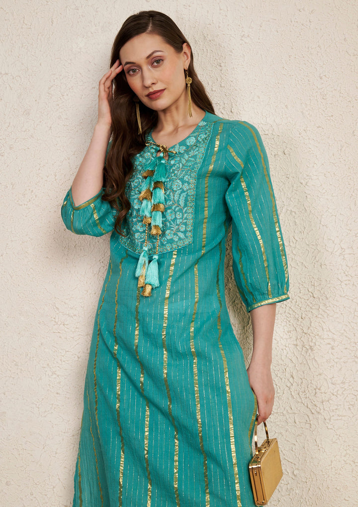 Teal Golden Stripes Silk Embroidered  Cotton Kurta Set