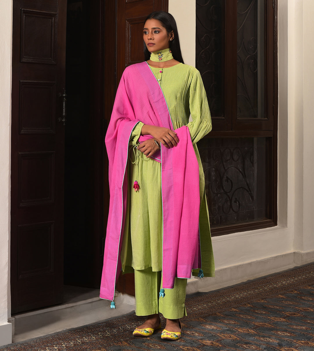 Raass Pastel Meadow Pleated A-Line Handwoven Cotton Kurta Set