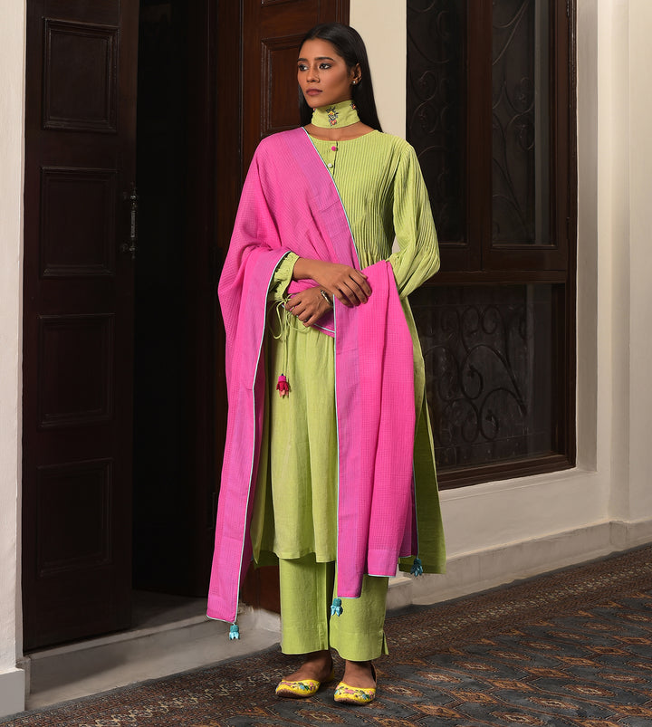 Raass Pastel Meadow Pleated A-Line Handwoven Cotton Kurta Set