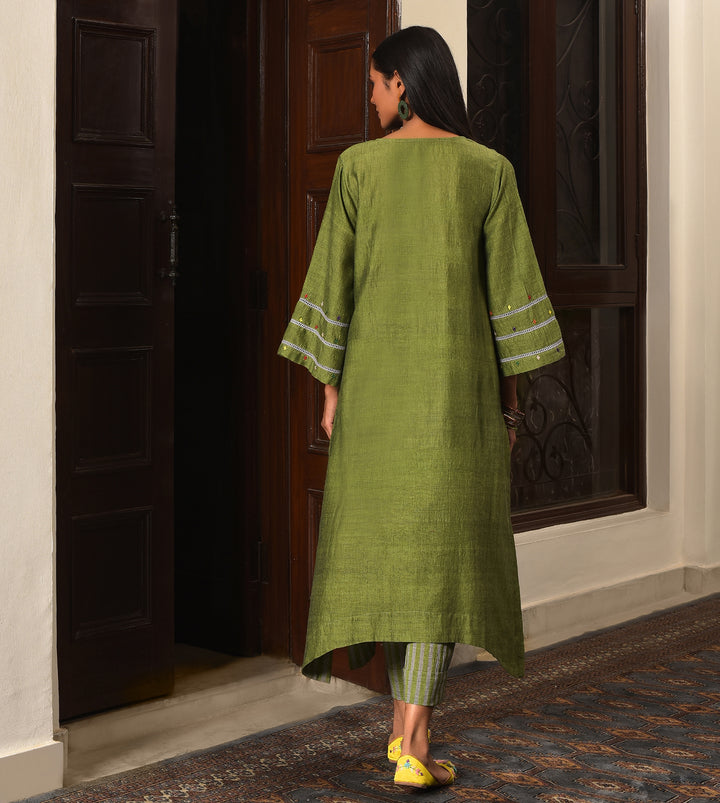Raass Olive Green Embellished Handwoven Cotton Kurta with Striped Pant Set