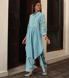 Raass Sky Blue Grid Pattern Handwoven Cotton Kurta and Salwar Set