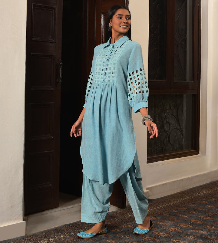 Raass Sky Blue Grid Pattern Handwoven Cotton Kurta and Salwar Set