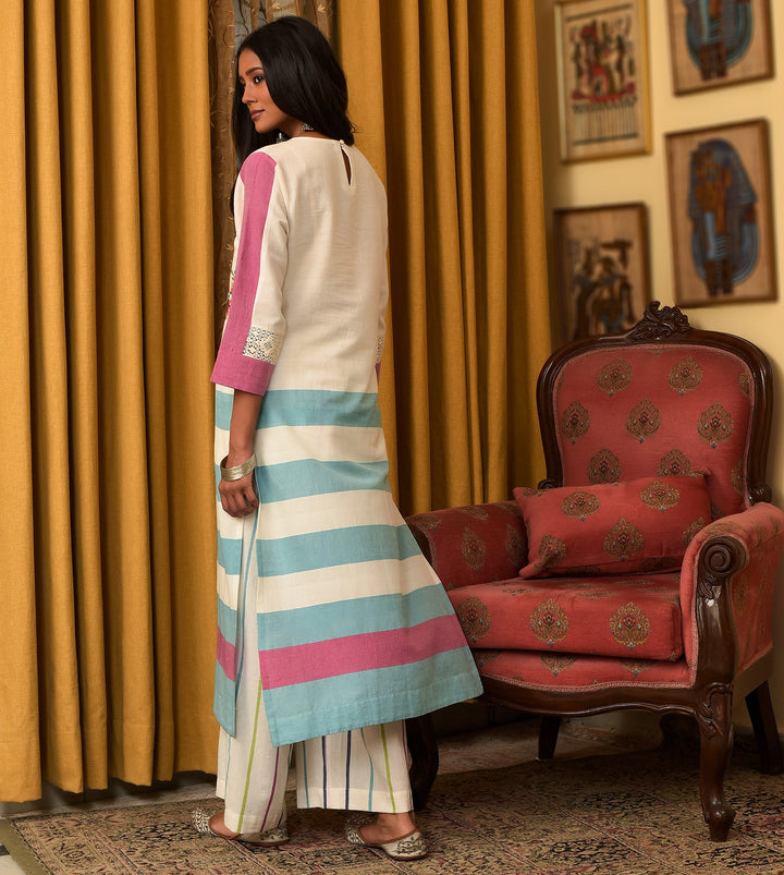 Raass Chic Striped Embroidered Handwoven Cotton Kurta with Pant Set
