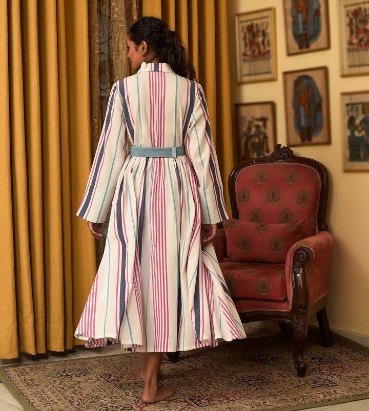 Raass Striped Harmony Handwoven Cotton A-Line Dress with Belt