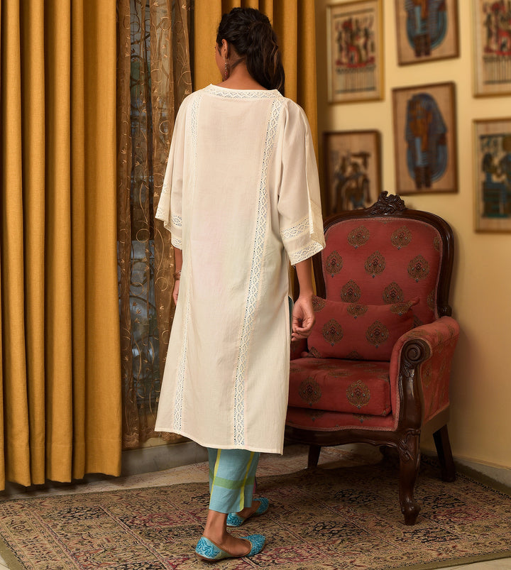 Raass Off-White Pretty Cotton Kurta with Checkered Pant Set