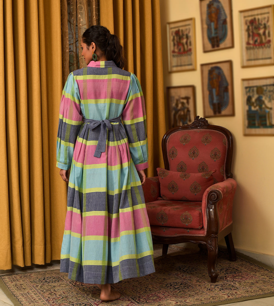 Raass Multicolor Handwoven Cotton A-Line Dress with Embroidered Belt