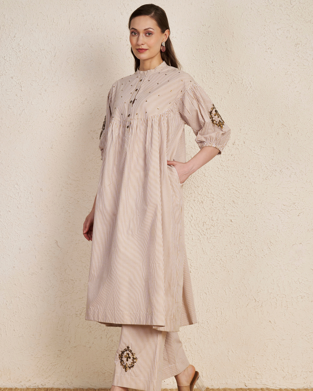 Beige Latte Stripes Cotton Kurta Set