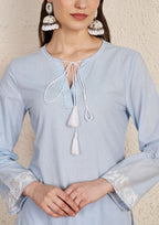Pastel Sky Blue Embroidered Cotton Kurta Set with Georgette Dupatta