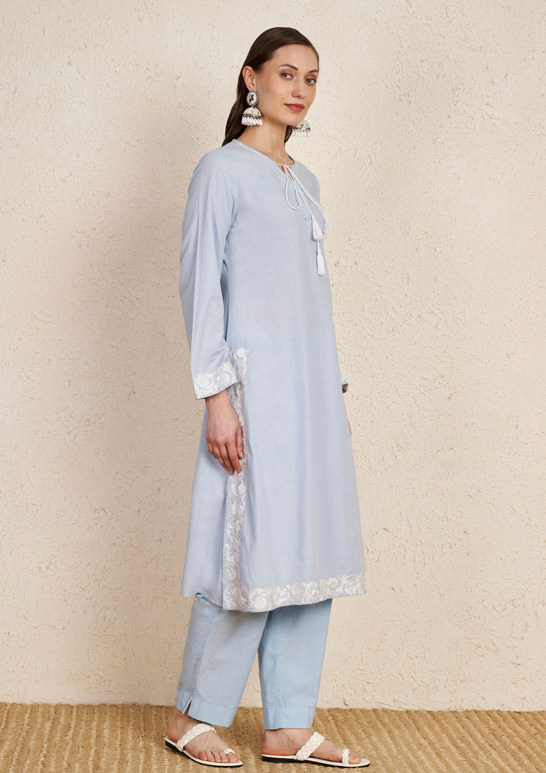 Pastel Sky Blue Embroidered Cotton Kurta Set with Georgette Dupatta