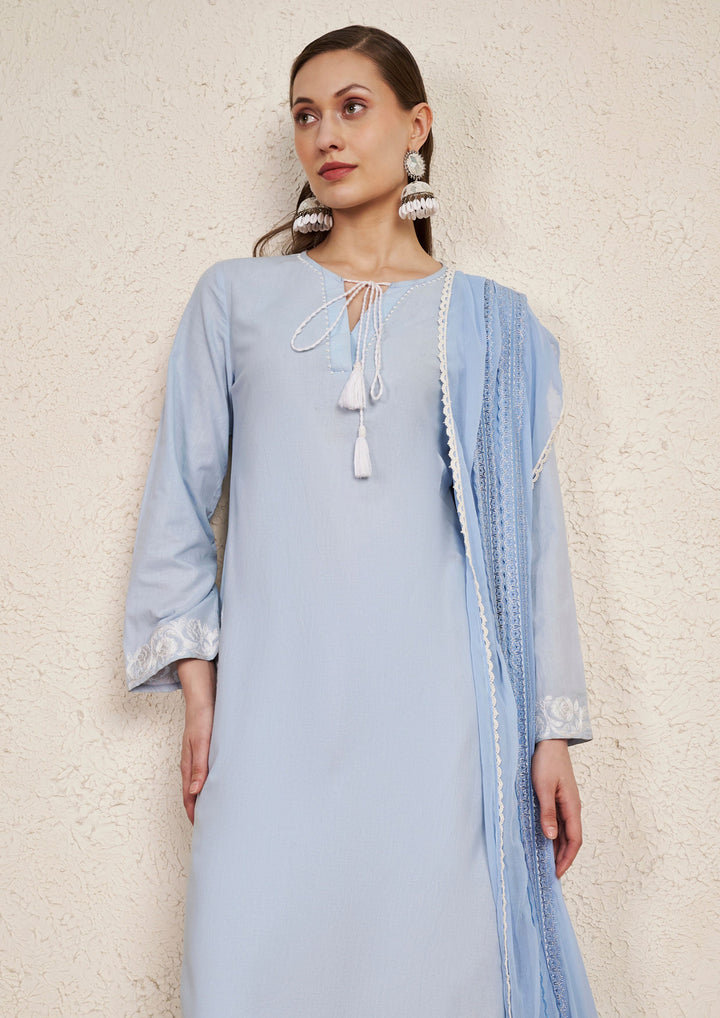 Pastel Sky Blue Embroidered Cotton Kurta Set with Georgette Dupatta