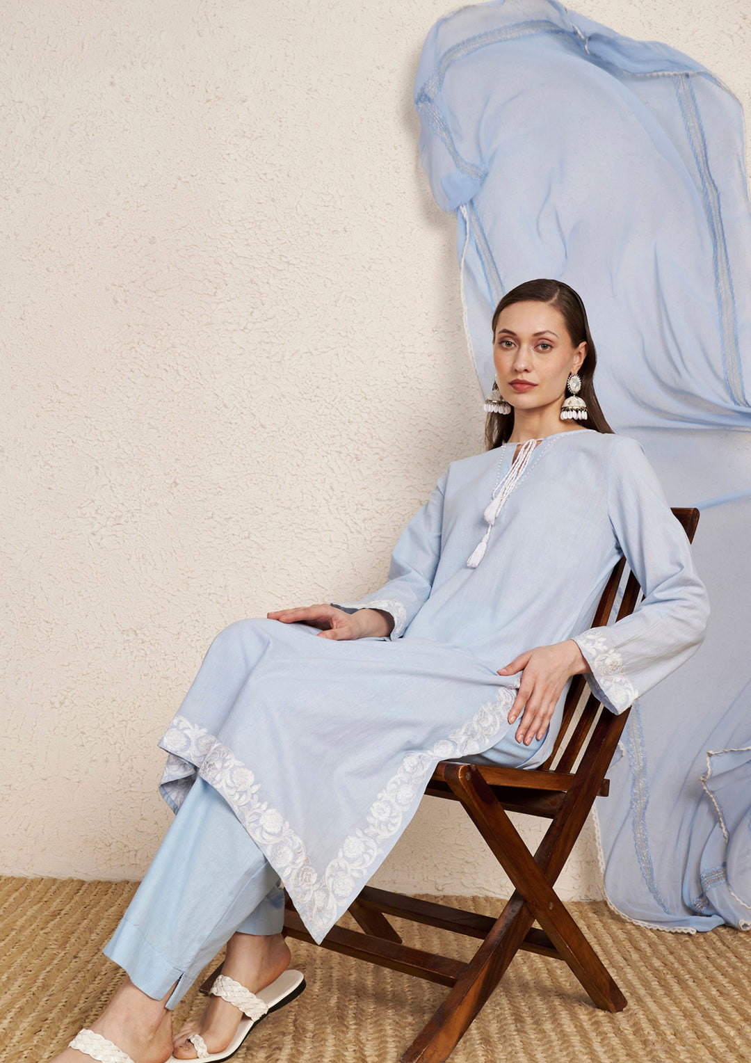 Pastel Sky Blue Embroidered Cotton Kurta Set with Georgette Dupatta