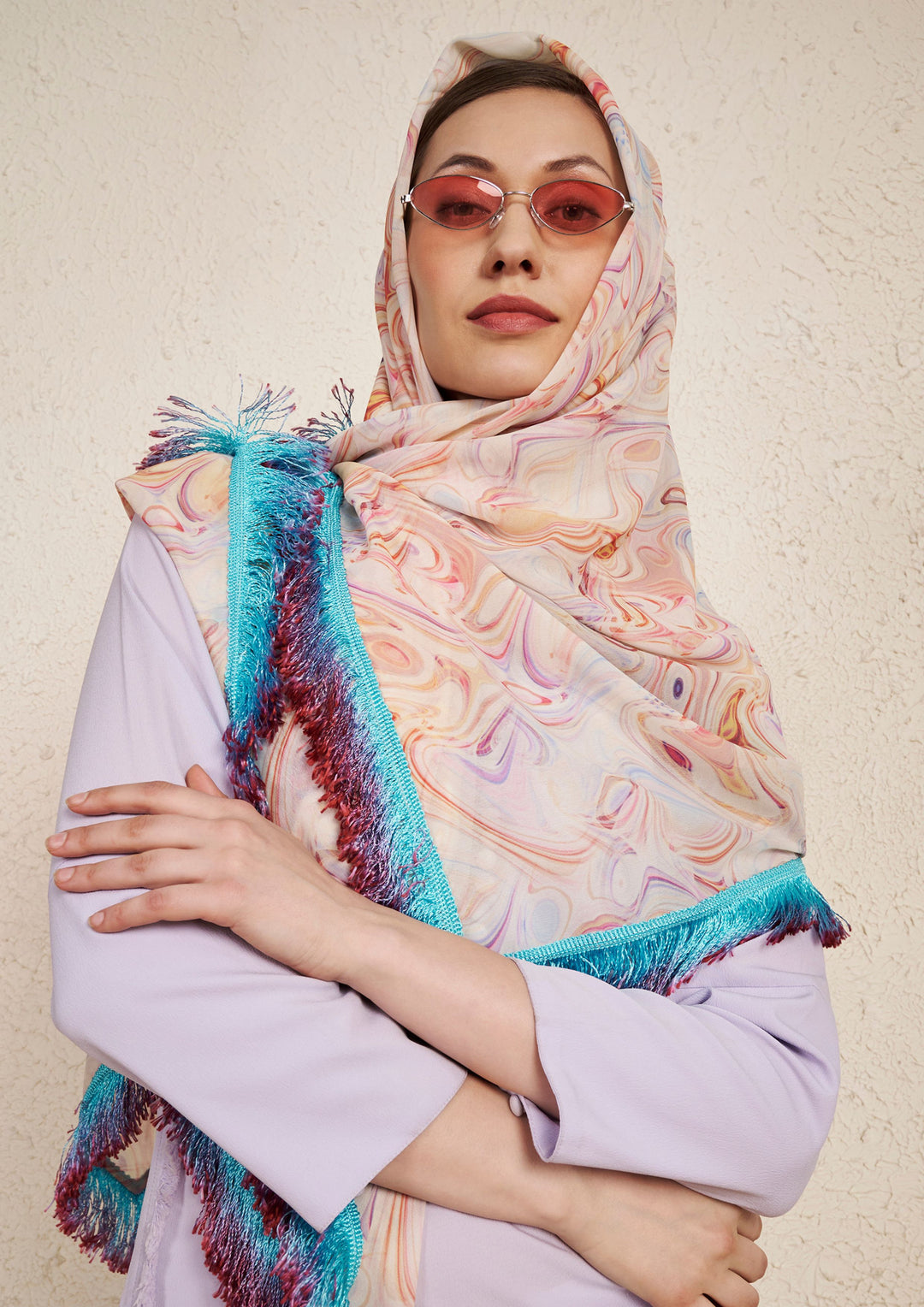 Pastel Purple Kurta Set with Georgette Fringe Scarf