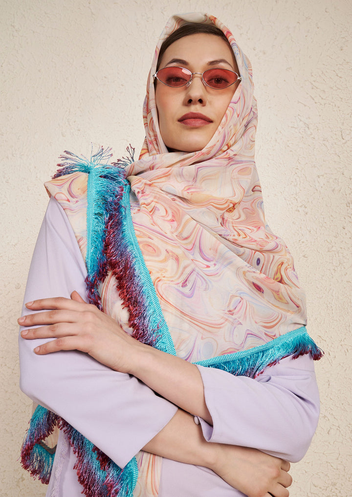 Pastel Purple Kurta Set with Georgette Fringe Scarf