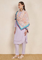 Pastel Purple Kurta Set with Georgette Fringe Scarf