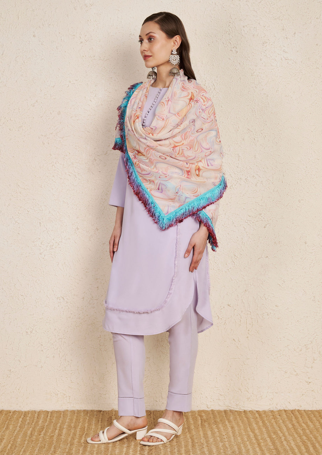 Pastel Purple Kurta Set with Georgette Fringe Scarf
