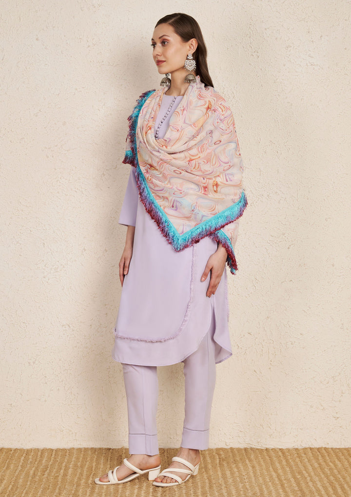Pastel Purple Kurta Set with Georgette Fringe Scarf