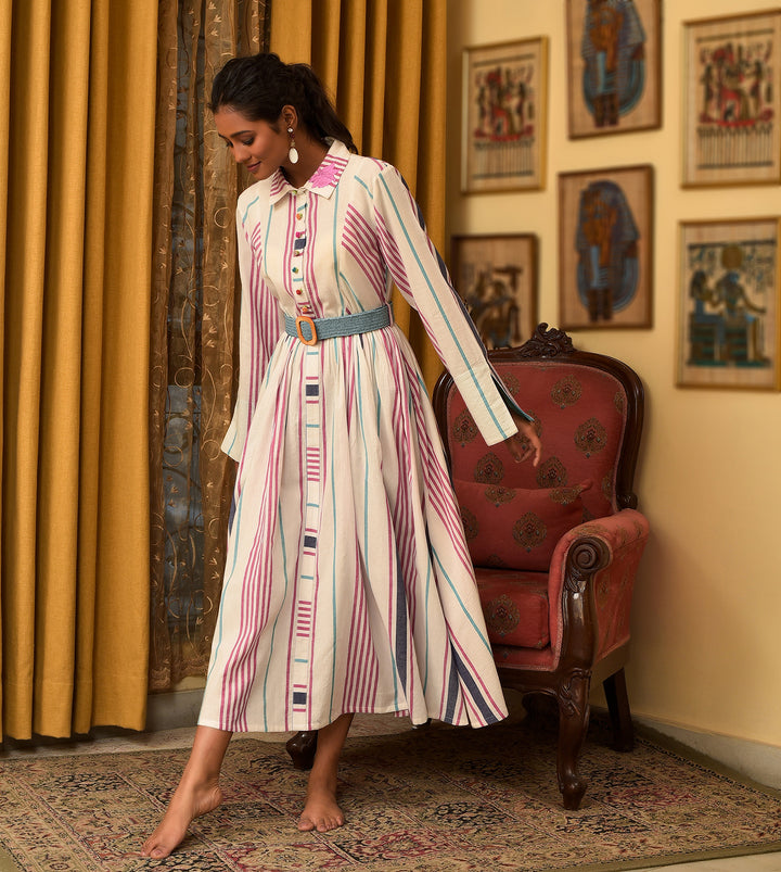 Raass Striped Harmony Handwoven Cotton A-Line Dress with Belt