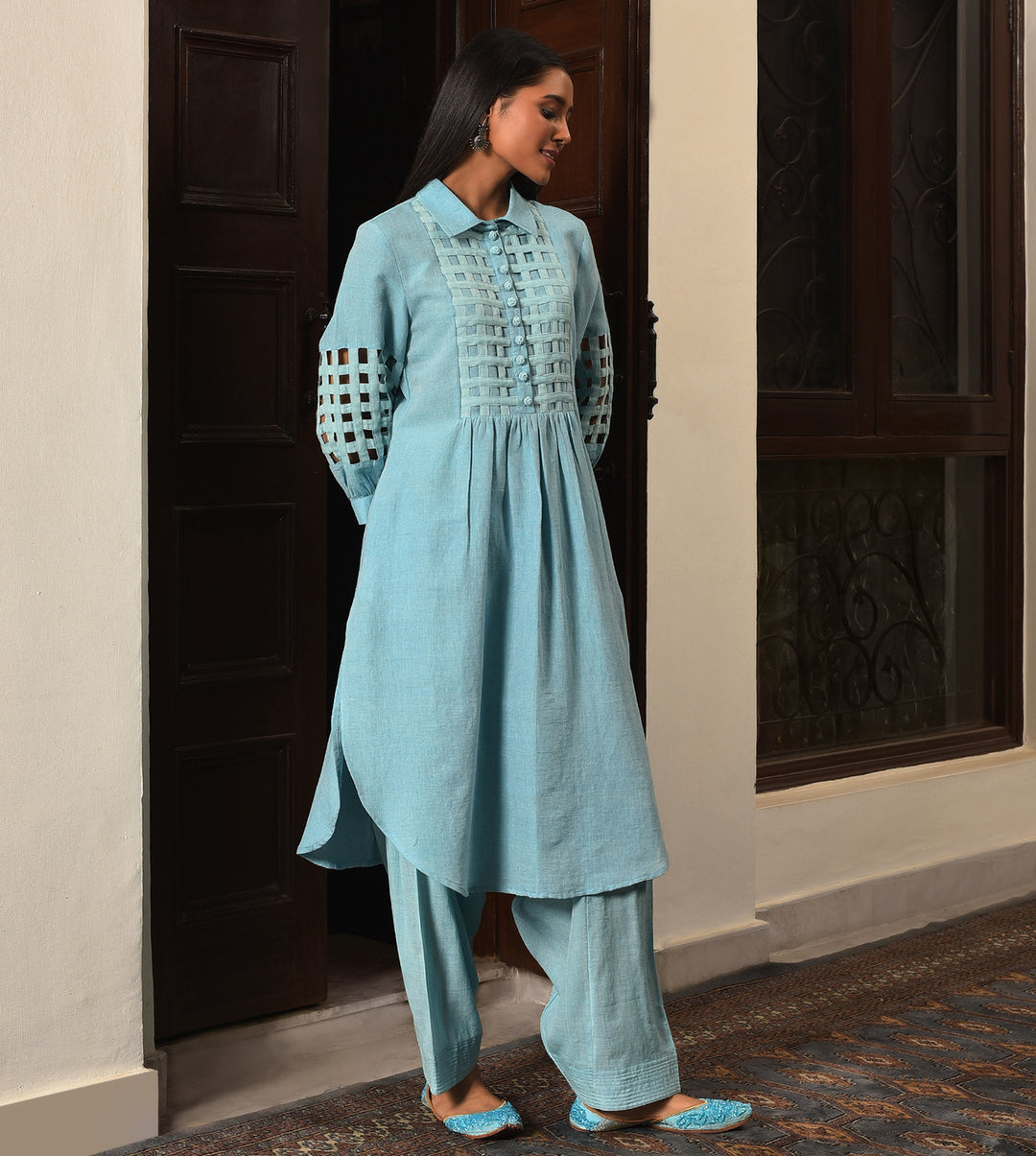 Raass Sky Blue Grid Pattern Handwoven Cotton Kurta and Salwar Set