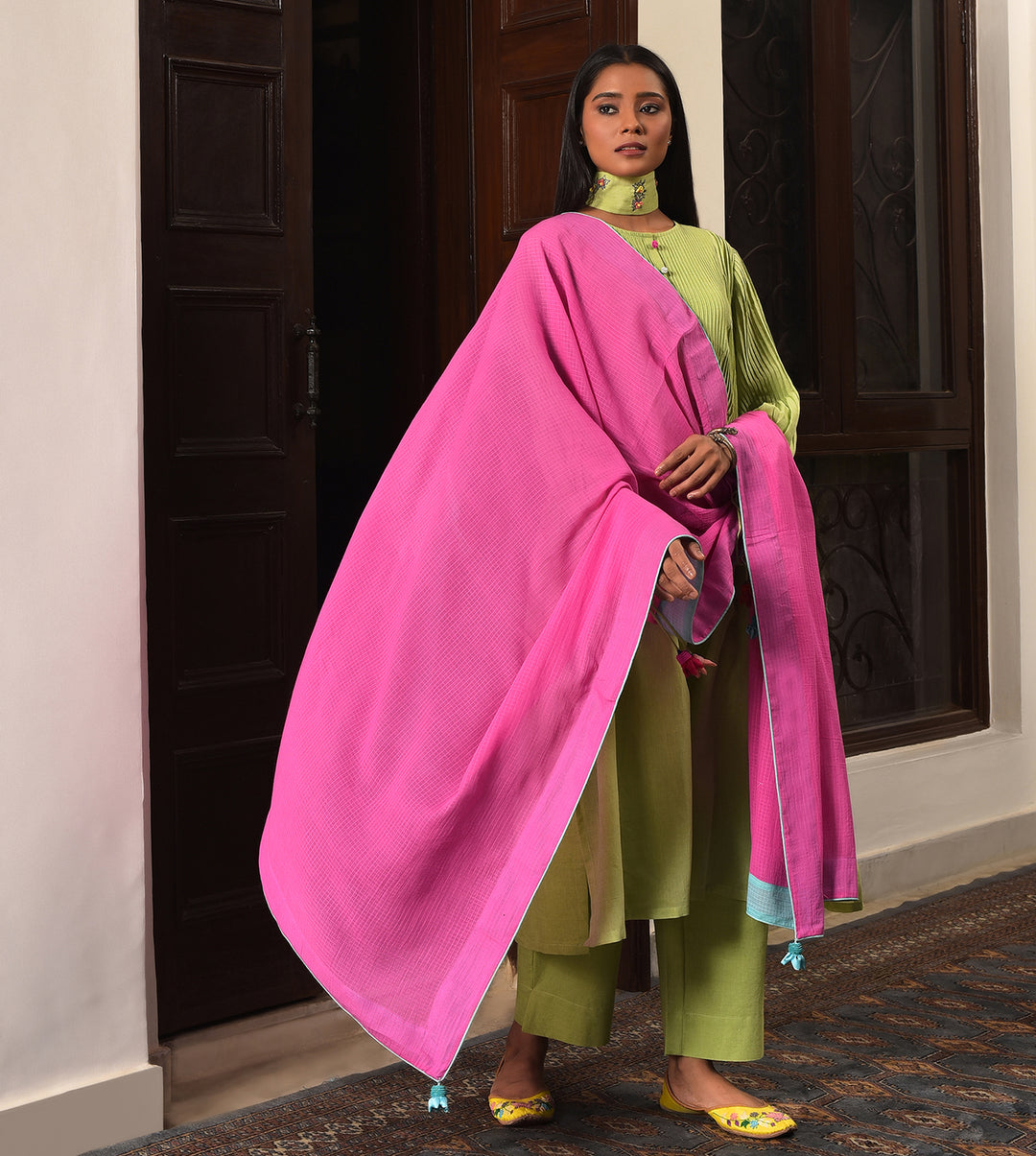 Raass Pastel Meadow Pleated A-Line Handwoven Cotton Kurta Set