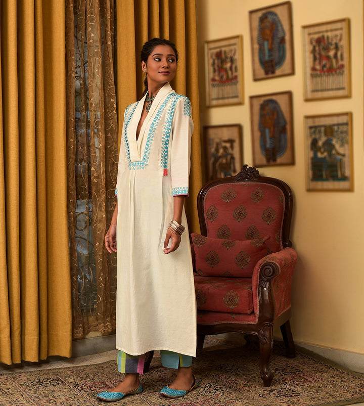 Raass Ivory Charming Handwoven Cotton Kurta with Pant Set