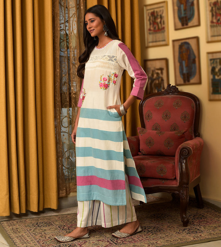 Raass Chic Striped Embroidered Handwoven Cotton Kurta with Pant Set