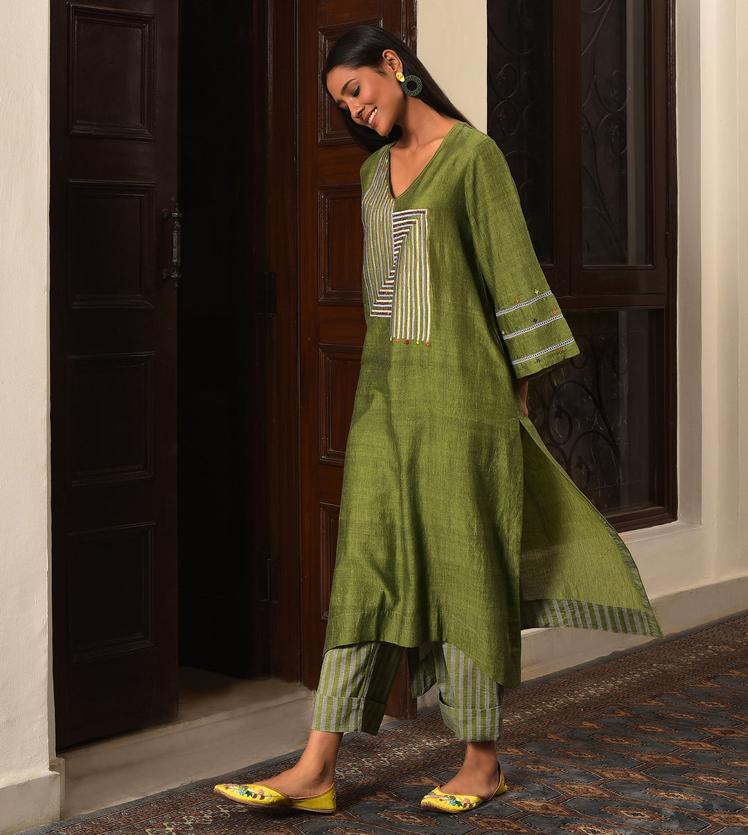 Raass Olive Green Embellished Handwoven Cotton Kurta with Striped Pant Set