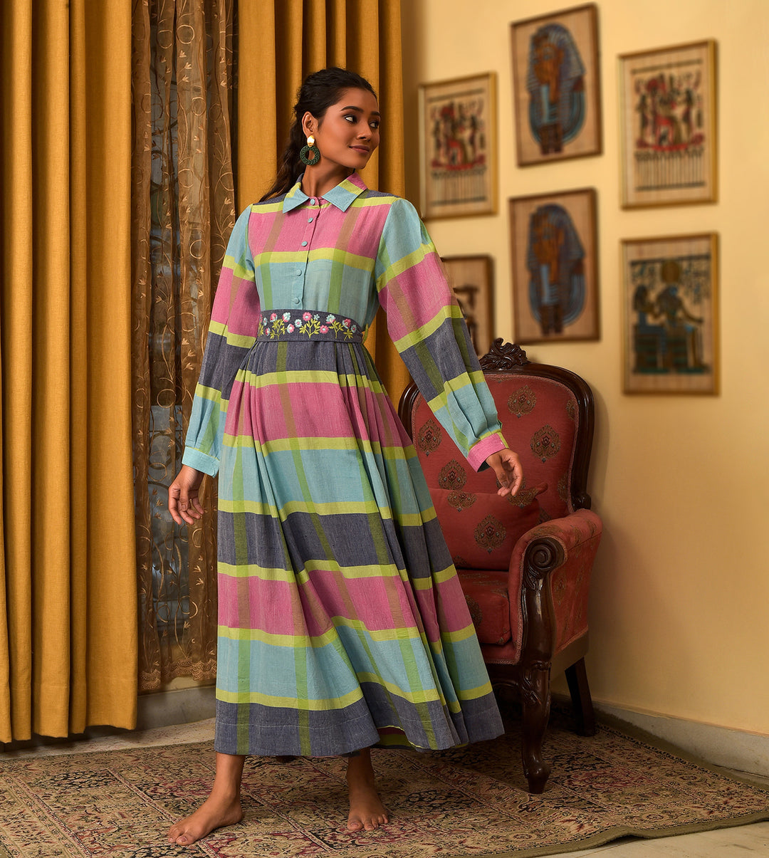 Raass Multicolor Handwoven Cotton A-Line Dress with Embroidered Belt