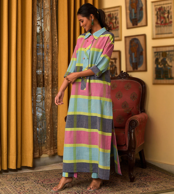 Raass Urban Checks Handwoven Cotton Kurta with Pant Set