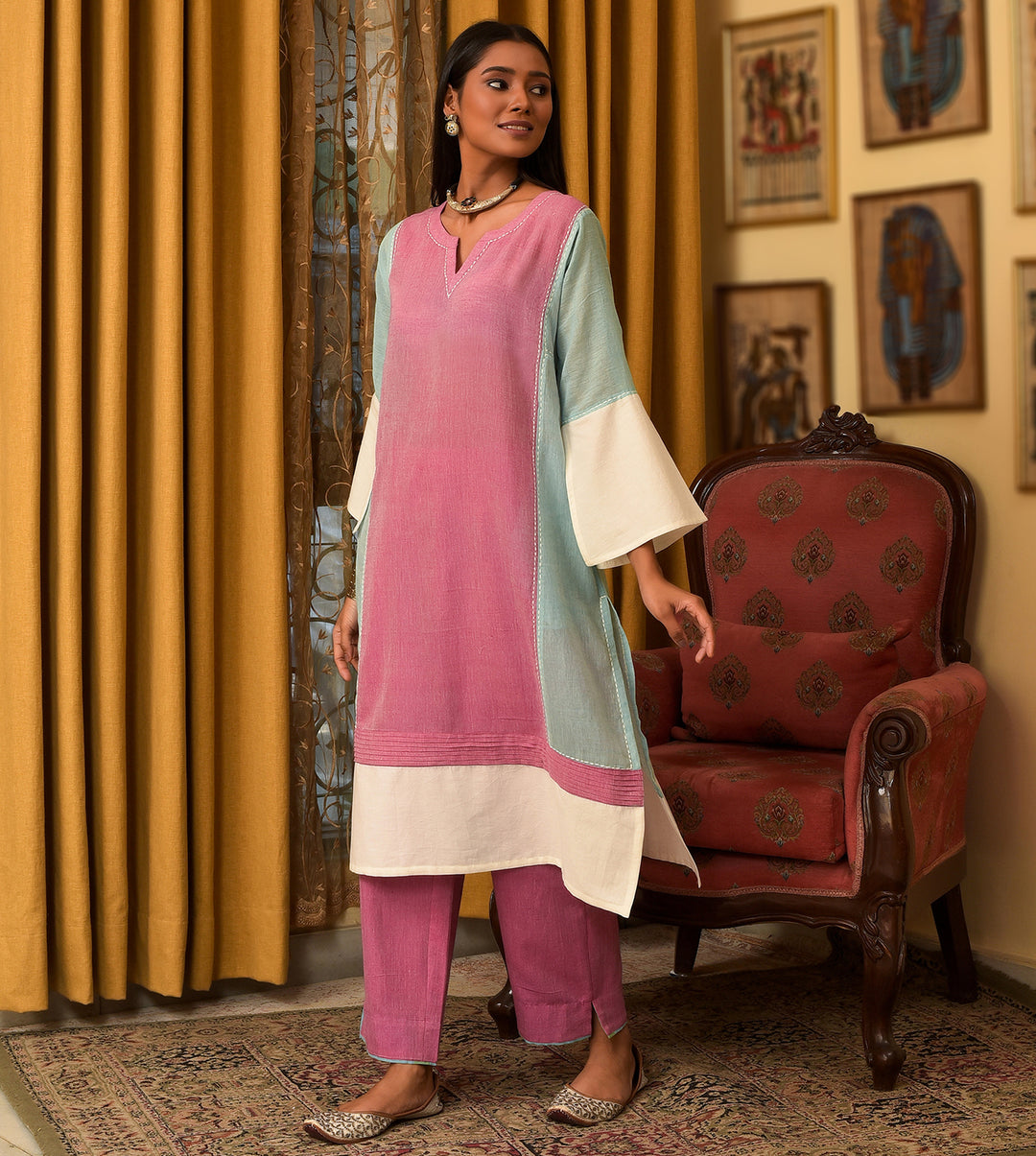Raass Colorblock Handwoven Cotton Kurta with Pant Set