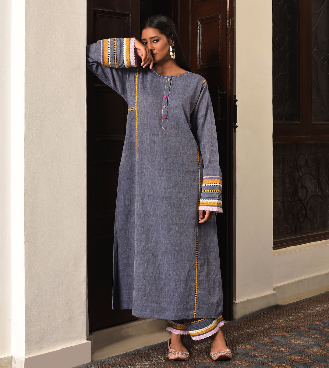 Raass Indigo Blue Embroidered Handwoven Cotton Kurta with Pant Set