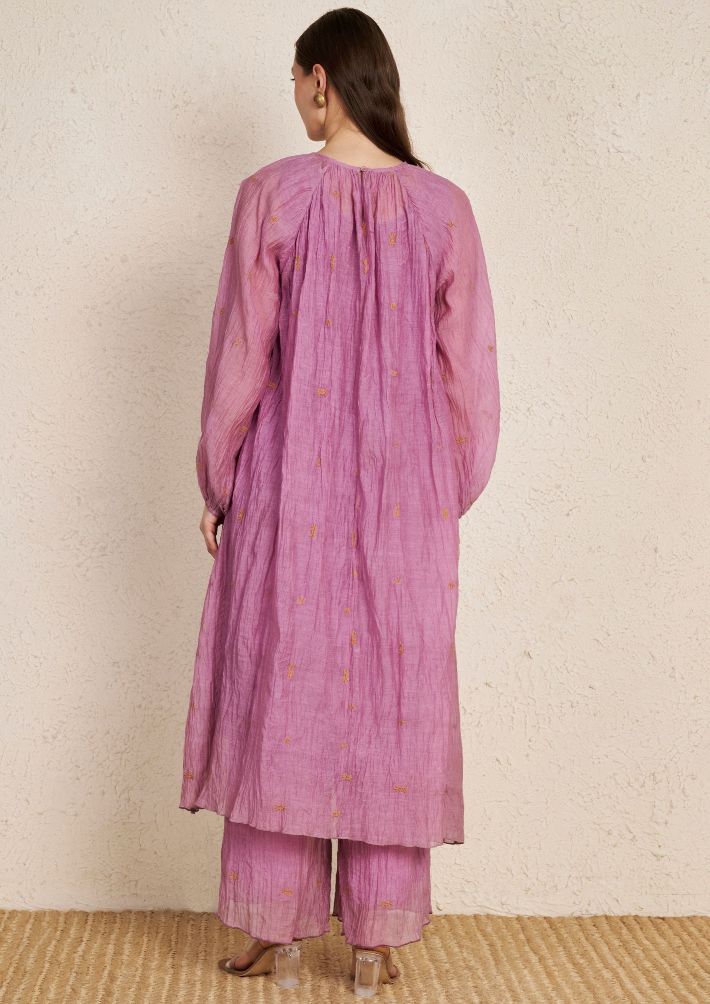 Lavender Chanderi Loose Kurta with Silk Hand Embroidery