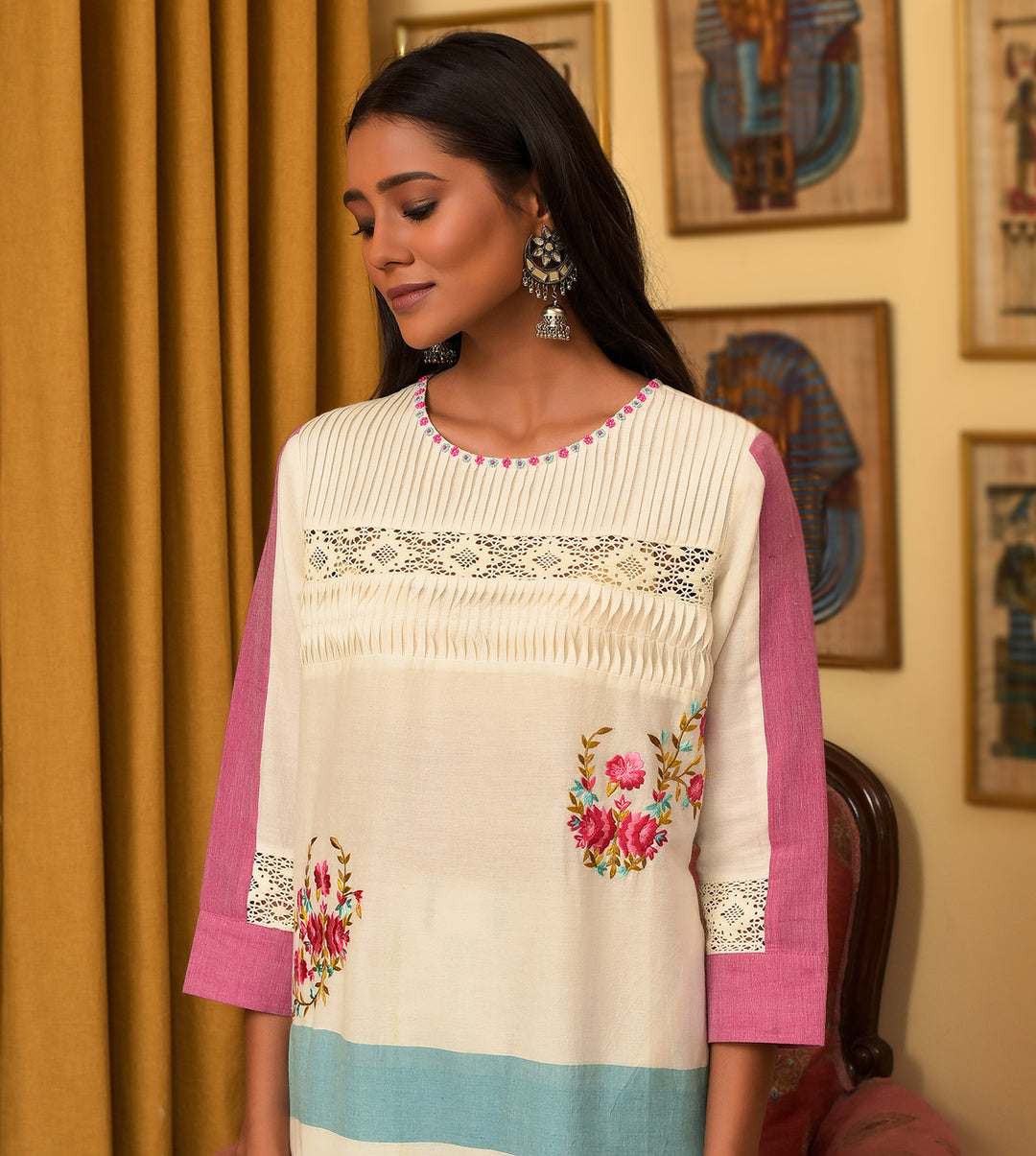 Raass Chic Striped Embroidered Handwoven Cotton Kurta with Pant Set