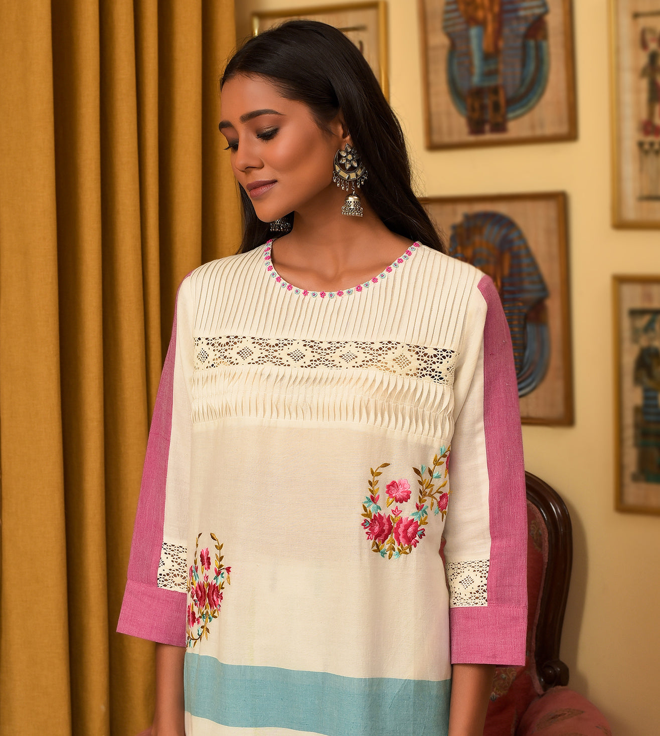 Raass Chic Striped Embroidered Handwoven Cotton Kurta with Pant Set