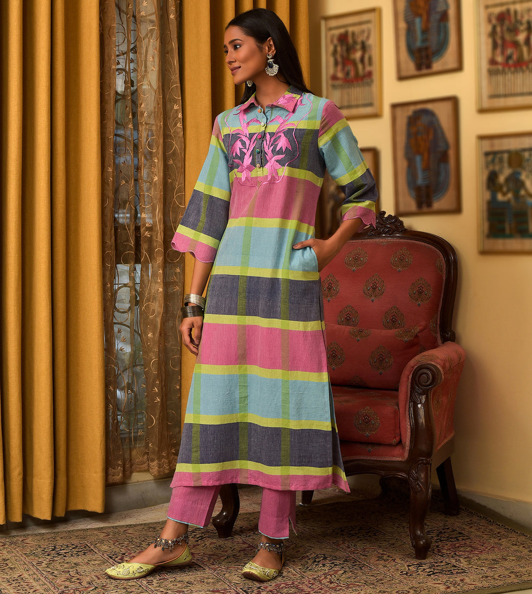 Raass Petal Crest Colorblock Handwoven Cotton Kurta with Pant Set
