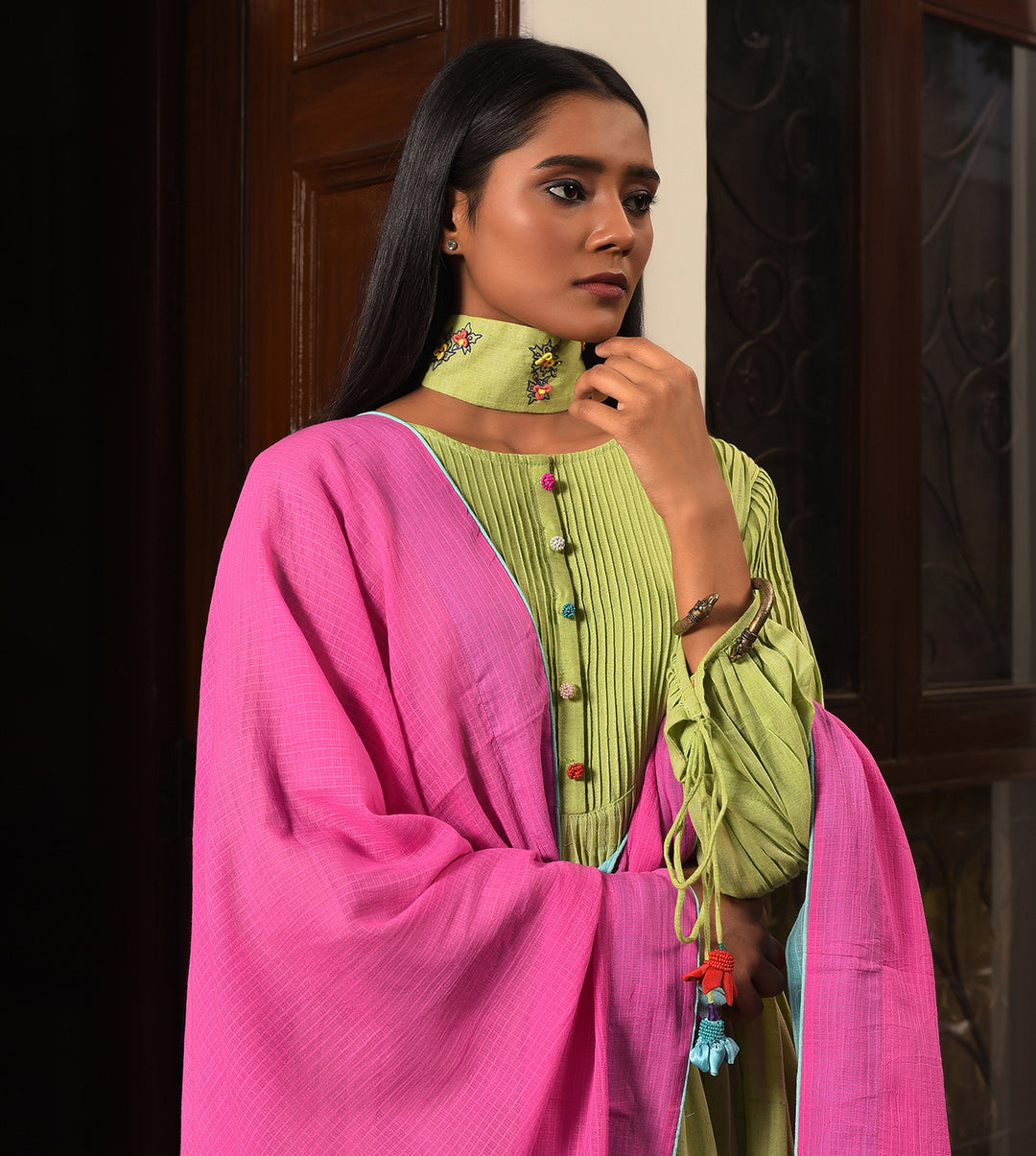 Raass Pastel Meadow Pleated A-Line Handwoven Cotton Kurta Set